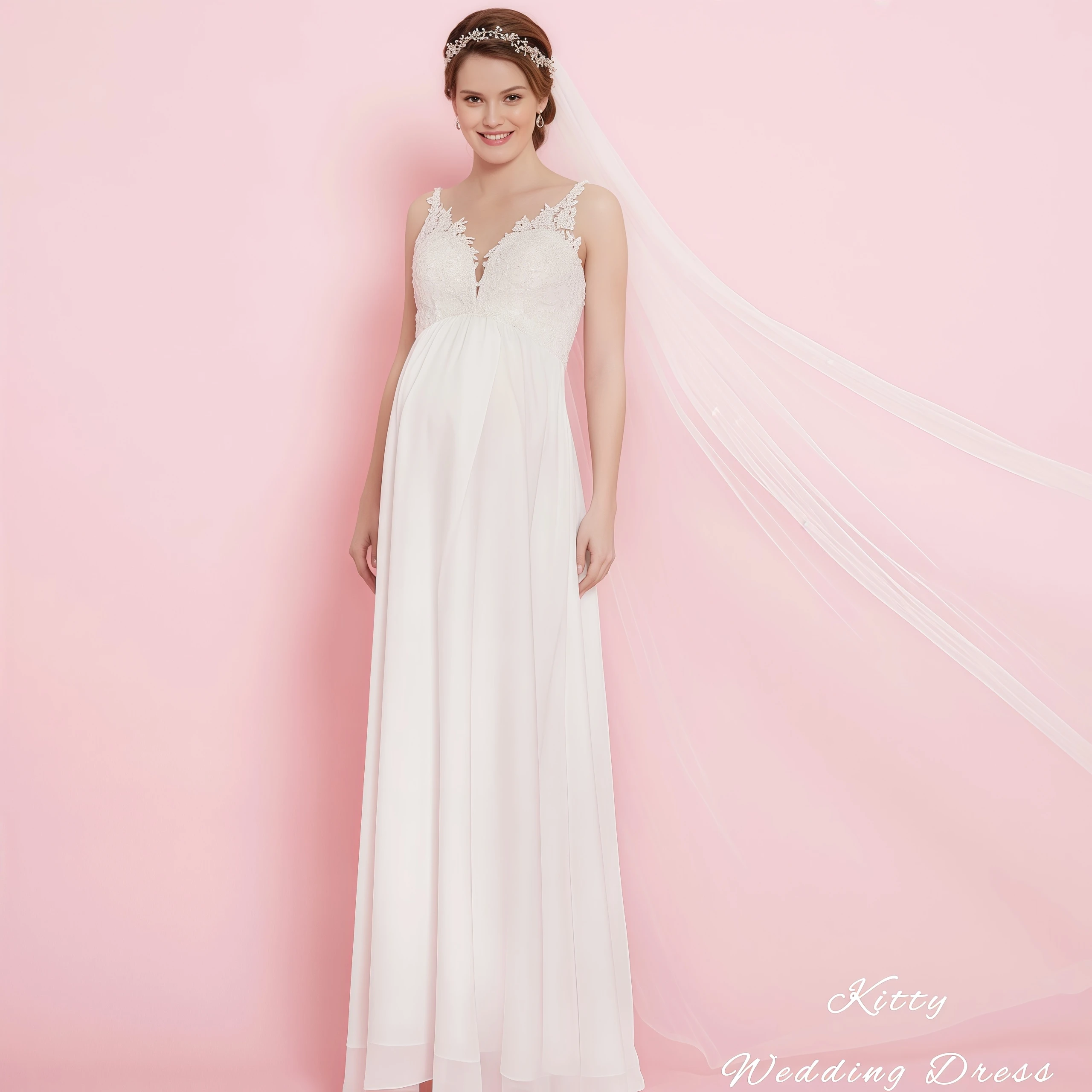 

Kitty Customized Romantic Wedding Dress Spaghetti Straps Sweetheart Floral Lace Applique Chiffon A-Line Maternity Bridal Gowns