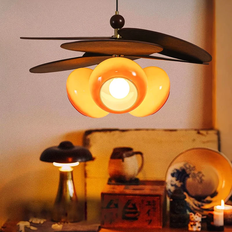 Japanese Retro Fabric Leaves E27 Pendant Light Restaurant Bedroom Living Room Indoor Home Decor