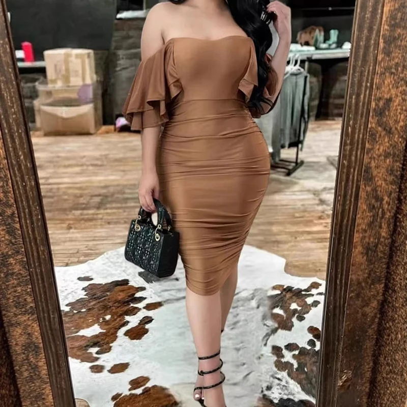 Summer New High Waist Pleated Midi Dress Vintage Pure Color Off Shoulder Evening Dress Sexy Low Cut Shawl Sleeve Wrap Hips Dress
