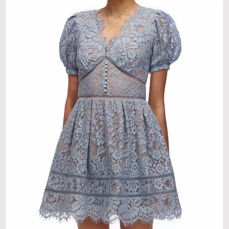 

Women Lace Embroidery Mini Dress Short Sleeve V-neck Blue Hollow Out dress