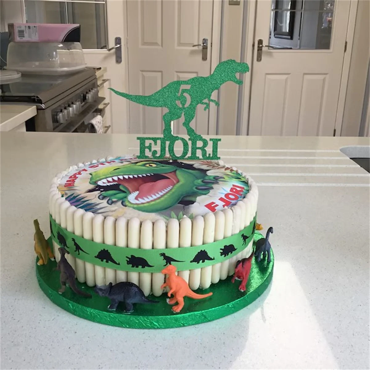 Personalised Birthday Cake Topper | Custom Dinosaur Cake Topper for Boy with Any Name Any Age | Multicolour Glitter Cake Topper