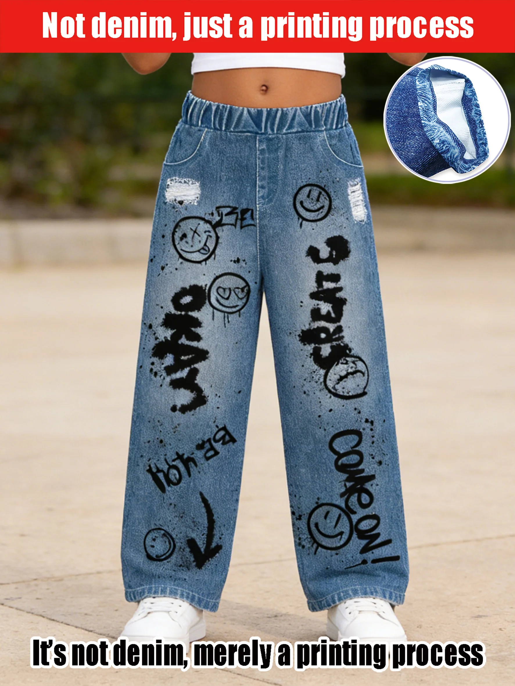 2026 children's light blue imitation denim wide-leg pants, old holes + graffiti wind