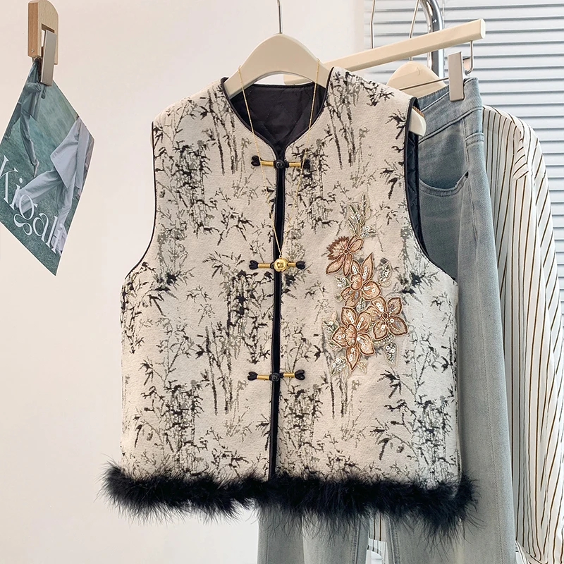 New Chinese Style Heavy Embroidery Sequin Zen Loose Slimming Cotton Jacket Vest Outerwear Elegant Fashionable Winter Outerwear