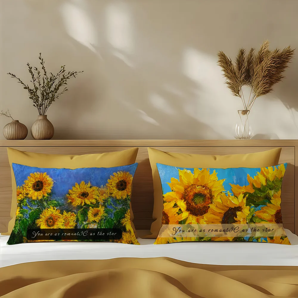 Painting-style Spring Art Sunflowers cushion cover Sofa living Room Office Rectangle Pillow Home Coffee Shop Bedding Hit product