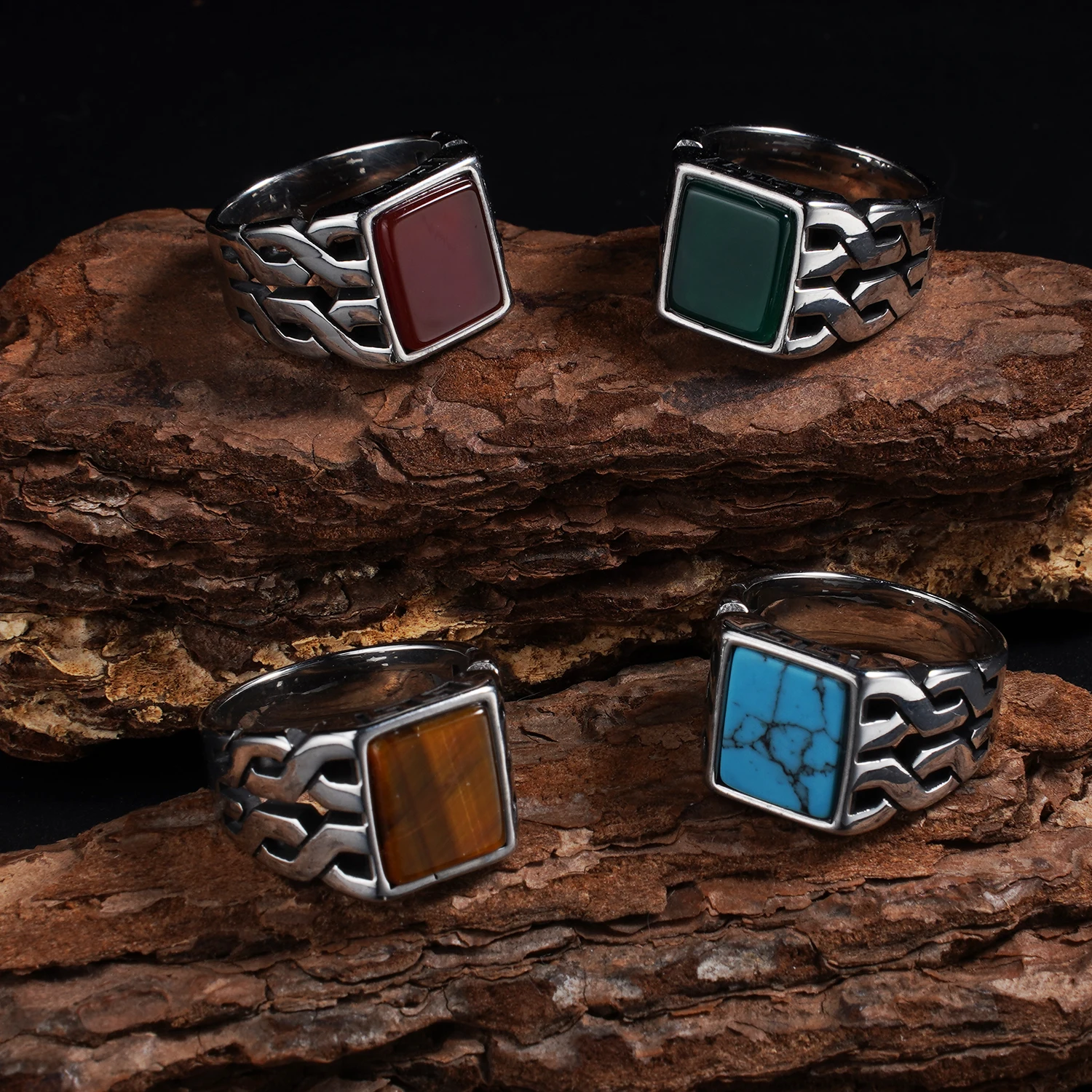 1pc Men's Vintage 316L Stainless Steel Ring with Natural Tiger's Eye Stone Turquoise- Intricate Detailing, Unisex Jewelry