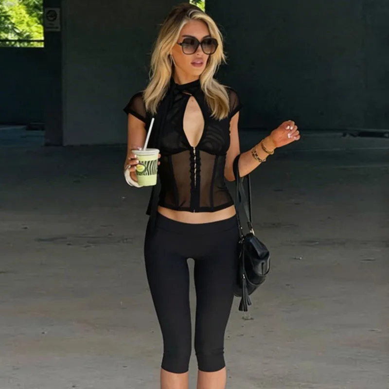 

Talenza Summer Black Top Women's Sexy See-through Hollow Mesh Patchwork Slim Tees New Casual Hot Girl Y2k Party Women's T-Shirts