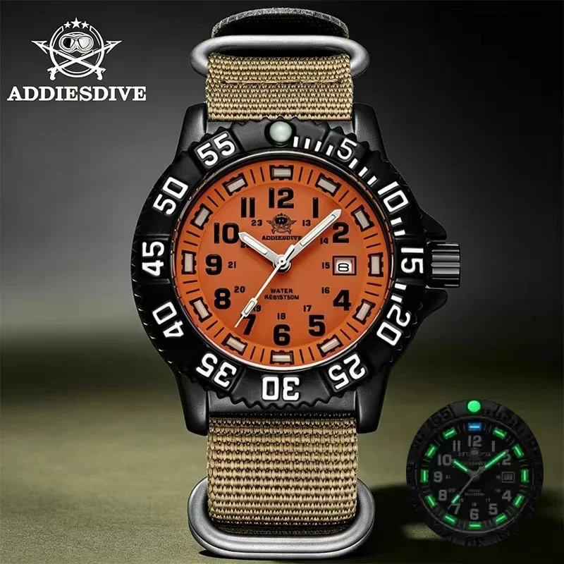 ADDIES Top Luxury Men's Military Luminous Watch Outdoor Sport 50M Waterproof Watch Nylon 316 Stainless Orange Men Quartz Watches