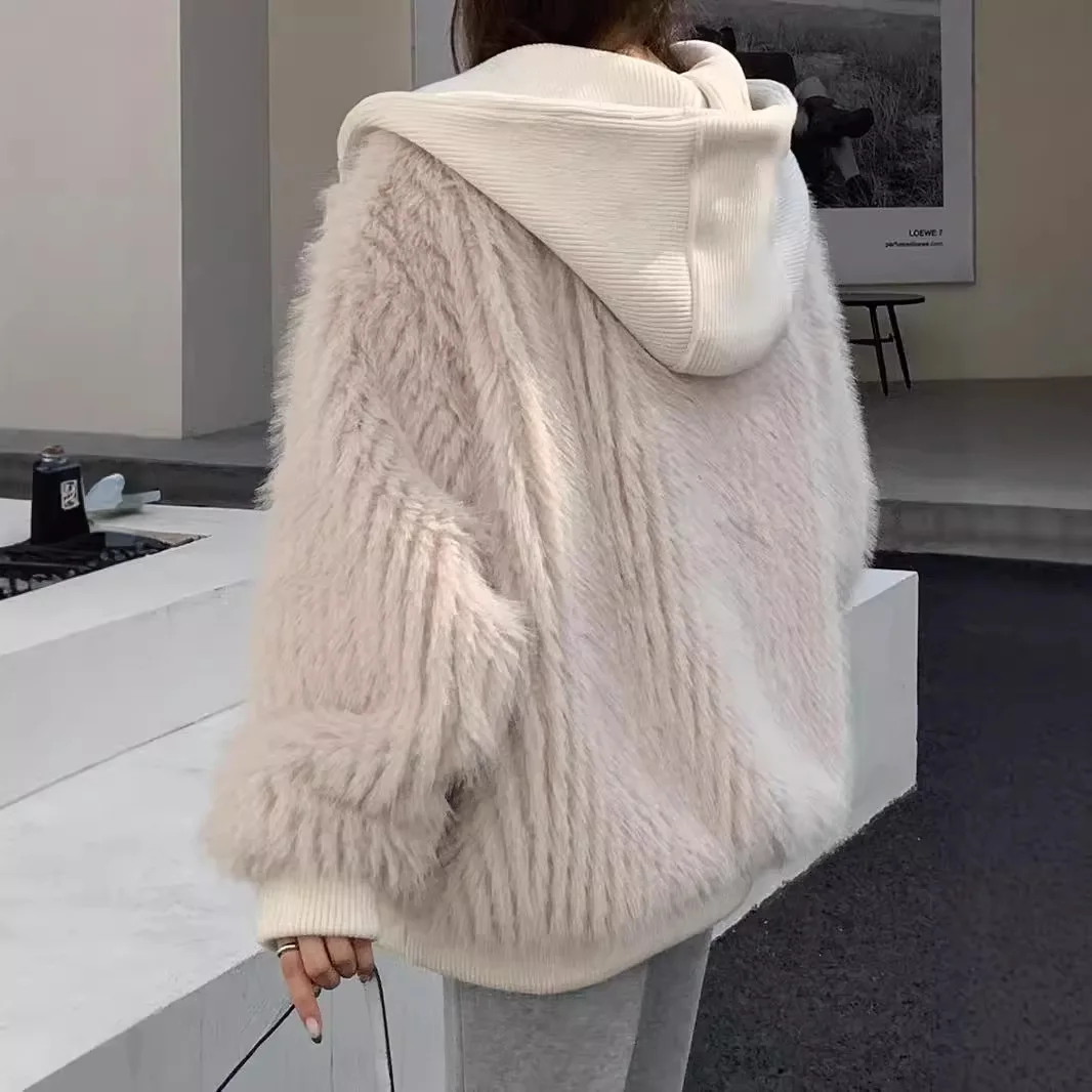 رقيق فو الفراء الثعلب معطف مضلع سترة غير رسمية المرأة معطف الفرو شتاء دافئ موضة مقنعين المرقعة فضفاض غامض سترات علوية العصرية