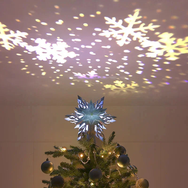 

Топпер для рождественской елки с проектором-снежинкой, 3D полый блестящий топпер для снежной елки с подсветкой для украшения рождественской елки