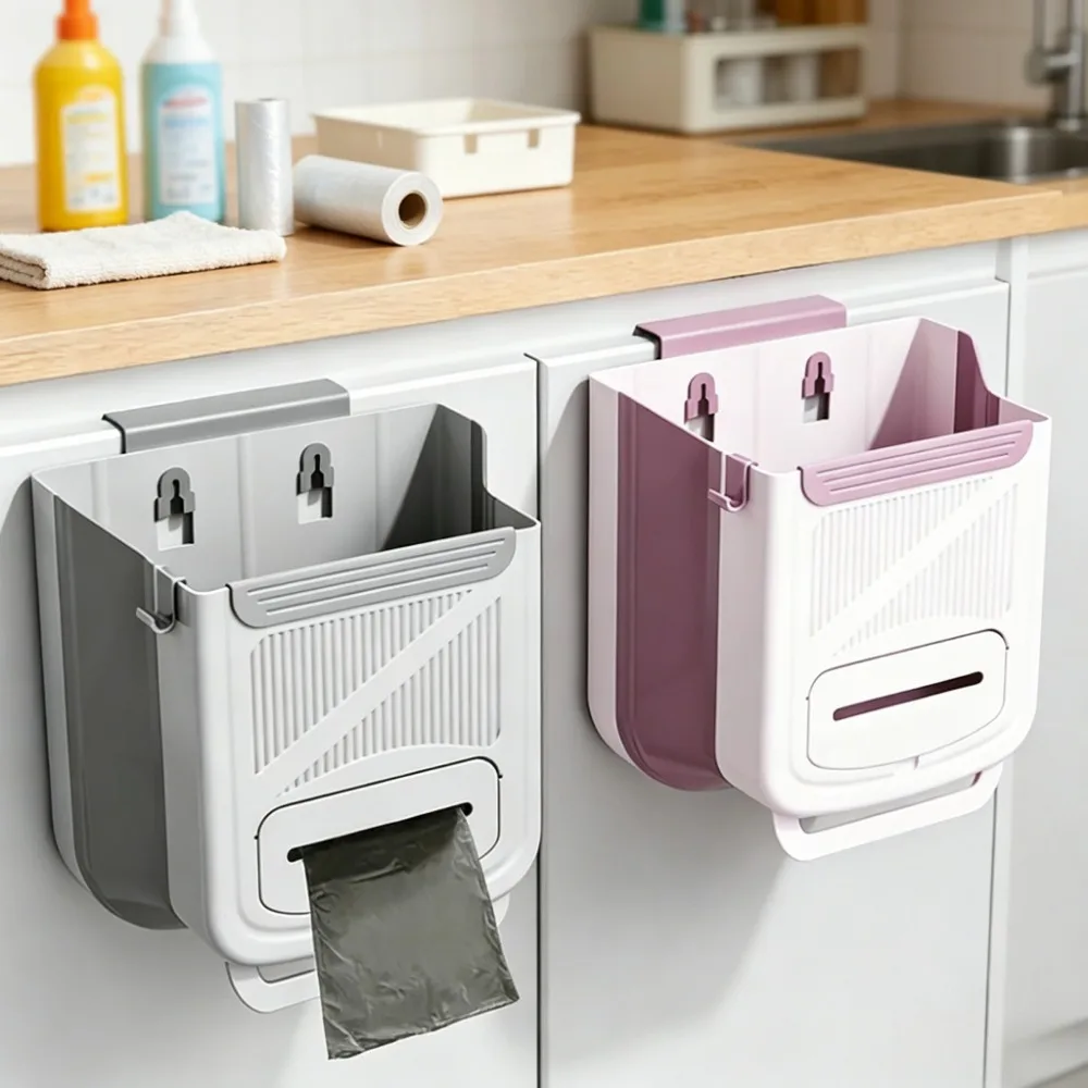 7/10L Folding Kitchen Trash Can Wall Mounted Garbage Bin Cabinet Door Hanging Waste Container Household Storage Dustbin