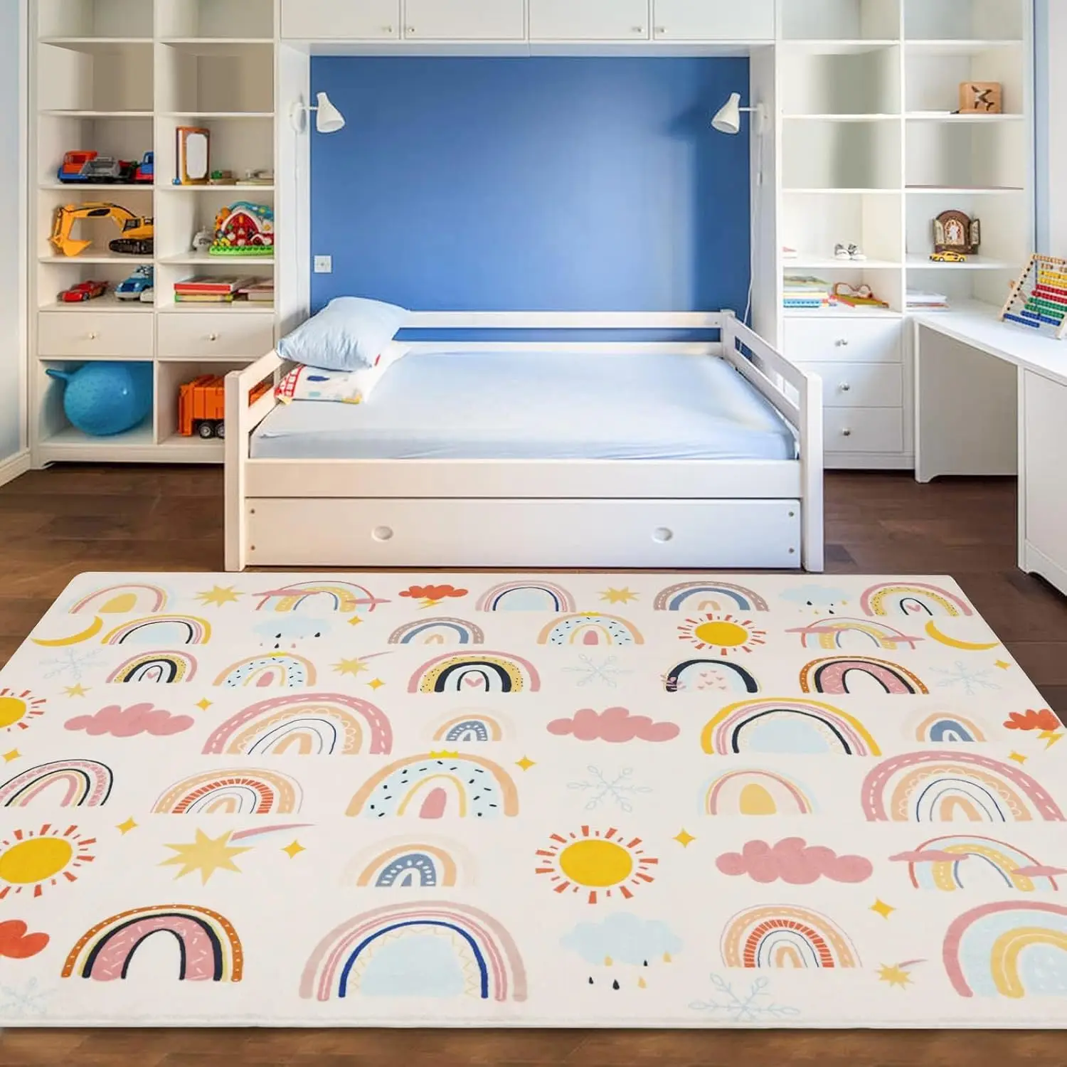 Multi Pastel Rainbow Print Rug,Sun Cloud Star Kids Nursery Pattern,Non-Slip Washable Mat for Living Room Sofa Dining Room Indoor
