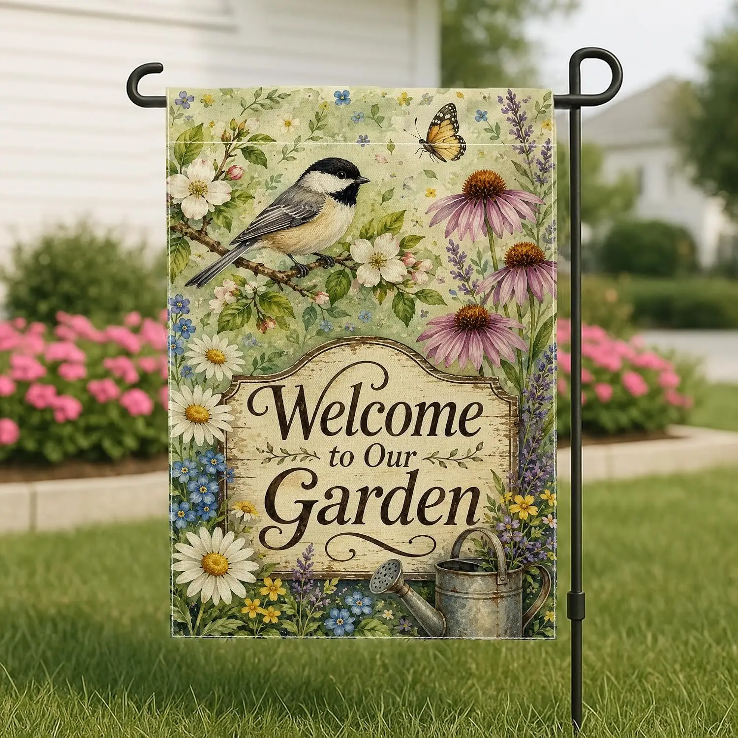 Bird Garden Flag, Floral Rustic Butterfly Chrysanthemum Spring Green Double Sided Burlap Yard Decorative Flag