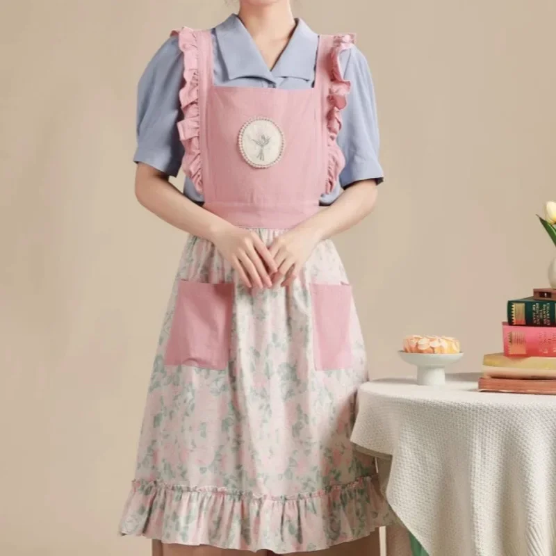 Delantal de palacio francés Retro con borde de volantes, delantal de algodón para mujer, cocina, hornear, té de la leche, cafetería, ropa de trabajo maestra, arte para hornear, arte de uñas
