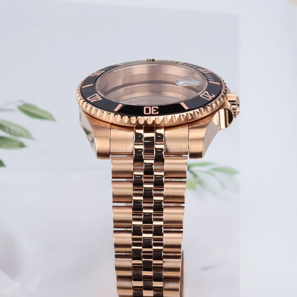 ตัวเรือนนาฬิกา PVD สีโรสโกลด์ ขนาด 40 มม. รุ่น NH35 ขอบเซรามิก กระจกแซฟไฟร์ สำหรับนาฬิกา SUB Seiko NH35 NH34 NH36/38 Miyota8215 ETA2824 พร้อมสาย Jubilee