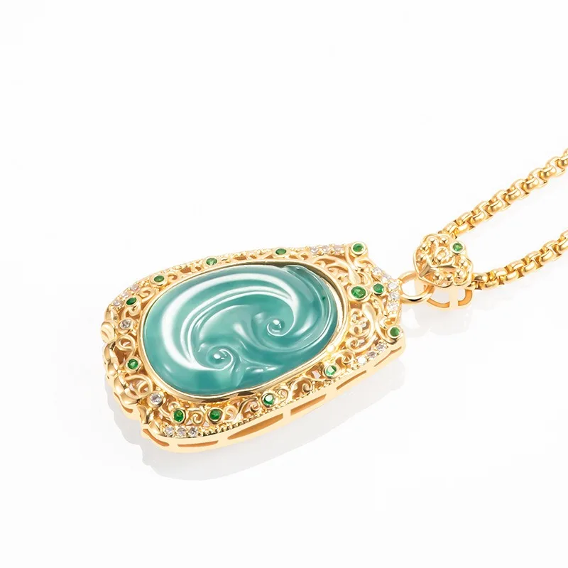 Natural Burmese Blue Emerald Ruyi Pendant Zircon 925 Silver Necklace Fashion Charm Jewelry Amulet Gifts for Women Men Luxury