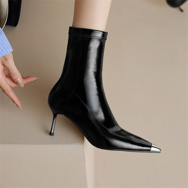 

2023 Autumn Winter Women Boots Metal Pointed Toes High Heel Short Boots for Women Elastic Skinny Boots Zapatos De Mujer Female