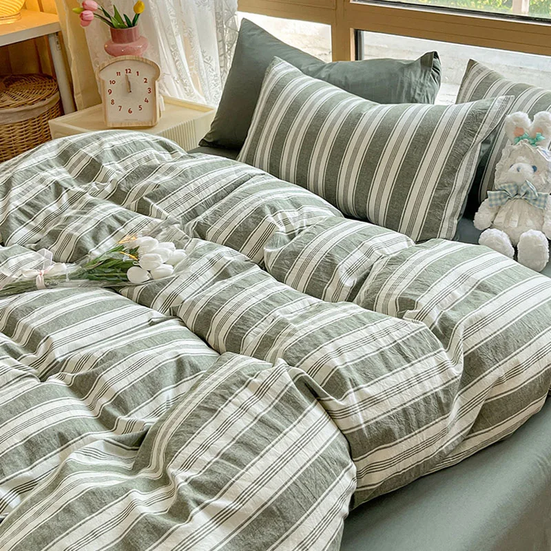 

Class A 100% Cotton Striped Bedding Sets Yarn Dyed Washed Cotton Breathable Duvet Cover Kit Single Bedclothes for All Seasons