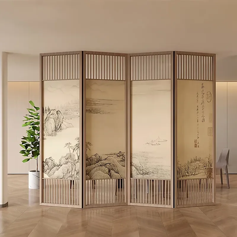 for New Chinese Song Style Zen Landscape Solid Wood Four Fold Grille Screen Living Room Tea Room Partition Furniture Ornament