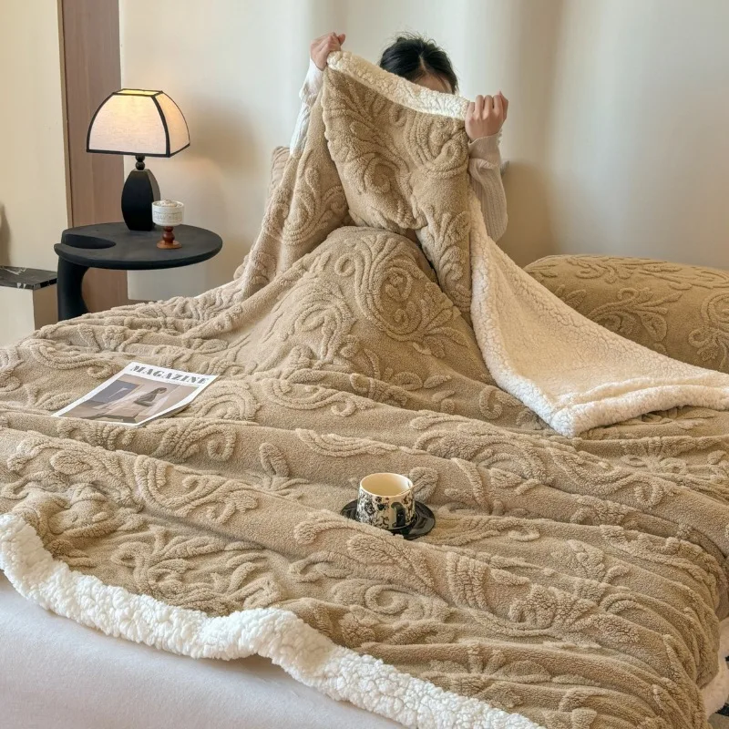 Fluffy Fleece Sherpa Blanket Double Sided Jacquard Thick Warm Fluffy Plush Cozy Throw Blanket for Bed Sofa Travel Winter Fall