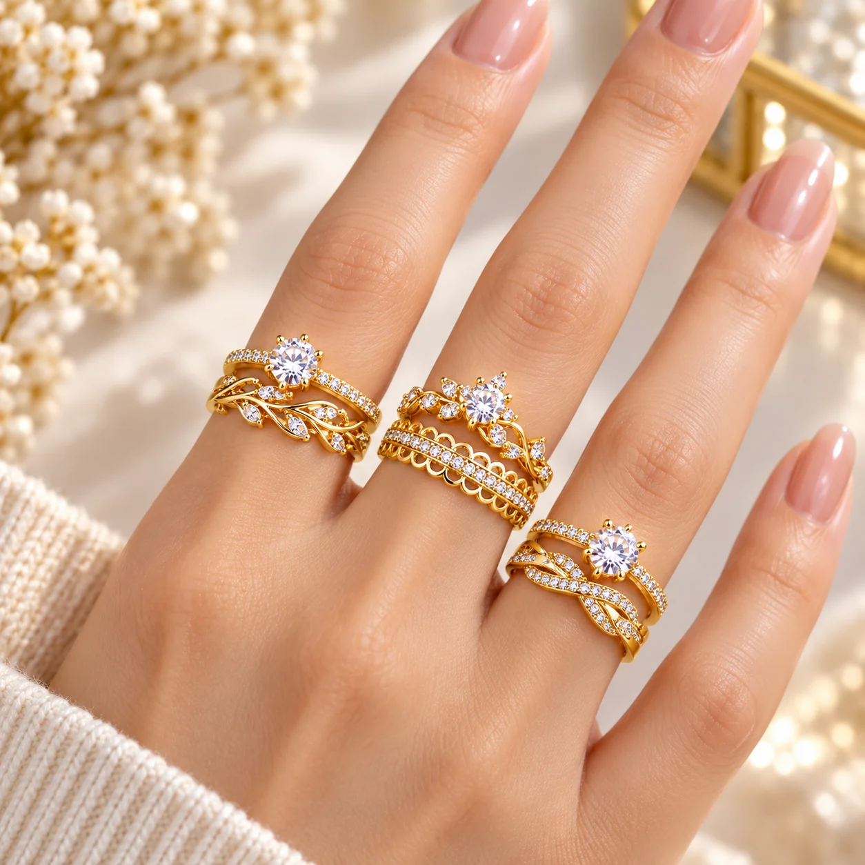 20Sets Gold Plated Ring Set for Women Crystal Crown Heart Stackable Rings Boho Wedding Party Jewelry Gift Wholesale Lot