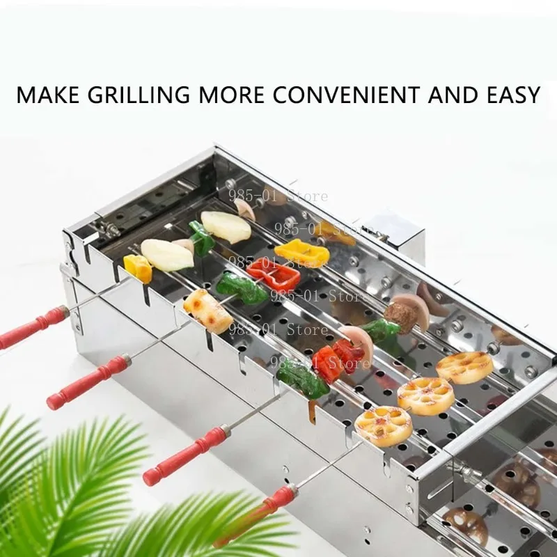 Stainless steel automatic rotating grill with adjustable width, for barbecue skewers and hot dog cooking