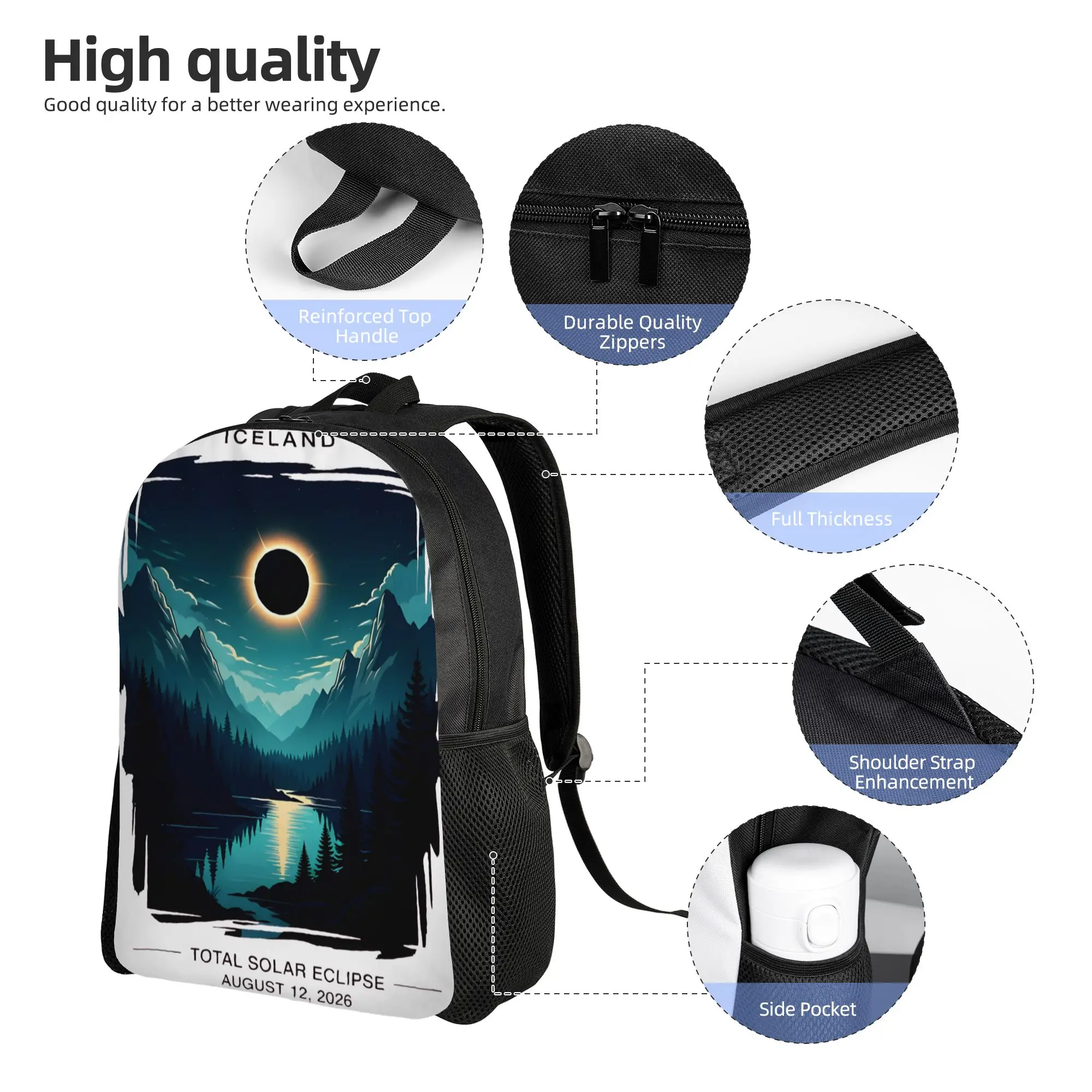 Iceland Eclipse 2026 August 12 Total Solar Eclipse Mountains Backpack with Pocket Student  Daypack for Men Laptop Canvas Bags