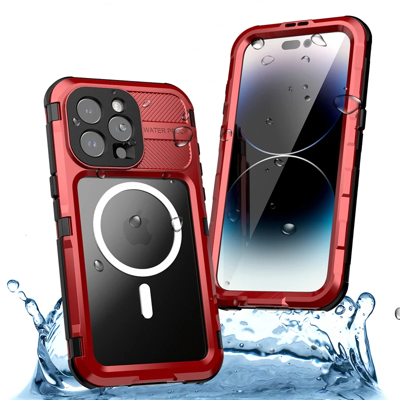 For iPhone 15 14 Pro Max Case 2M Waterproof Magnetic Aluminum Alloy +Silicone Frame +6H PET Film Cover for iPhone 14 15 Pro