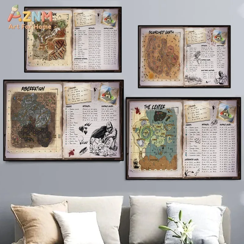 Affiche de carte de l'île Ark Survival Evolved, jeu vintage Ragnarok, peinture sur toile, décoration murale pour salon, décoration de la maison, cadeau pour joueur