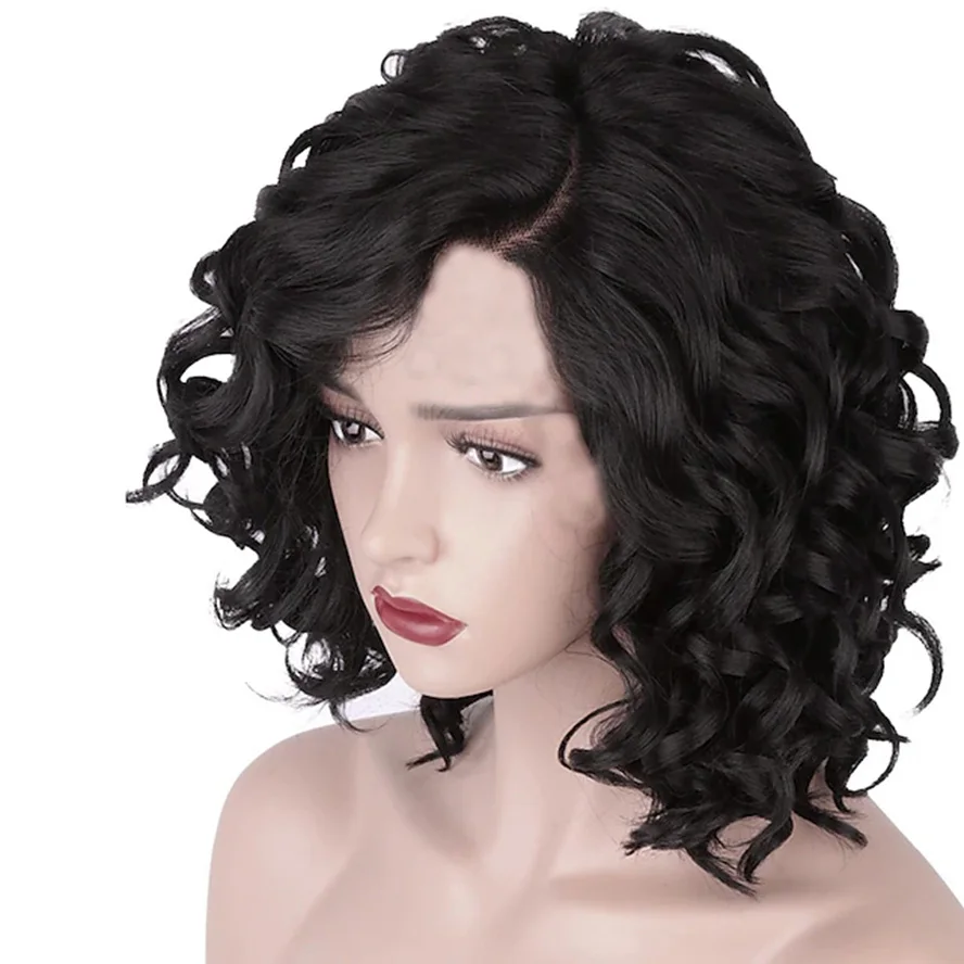 Synthetic Wig Short Afro Curly Asymmetrical Machine Made Wig Short Black Synthetic Hair 11 inch for Women