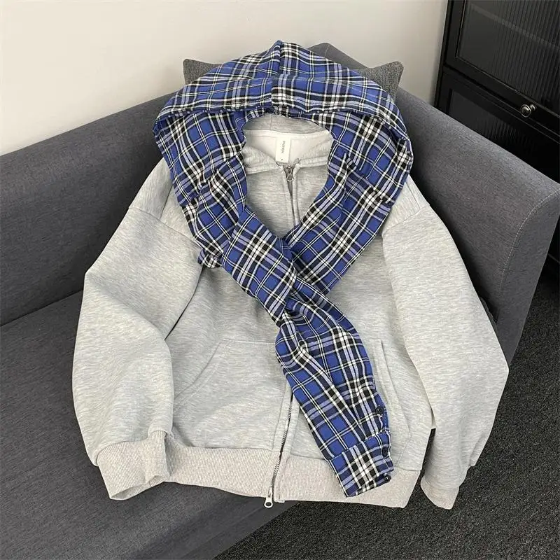 

American Design Hoodie Jaet Men's Trendy Plaid irt Sve Splicing Loose Sports Top Youth ular Winter Long Sve Coat