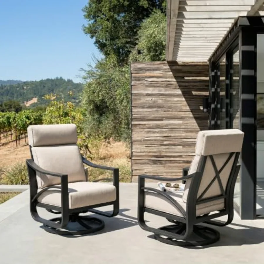 2-Piece Swivel Rocking Sofa Chairs for outdoor use, powder-coated aluminum frame, beige color, weather-resistant and 360-degree