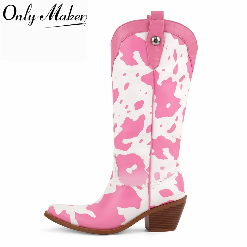 Onlymaker Pointed Toe Pink White Cow Print Western Cowboy Boots Chunky Block Heel  Retro Festival Party Cowgirl Boots