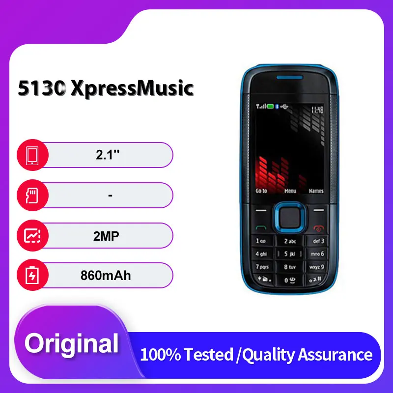 هاتف محمول أصلي غير مقفول 5130 XpressMusic بشريحتين GSM 900/1800 2G مزود بتقنية البلوتوث ولوحة مفاتيح عربية روسية مصنوعة في فنلندا