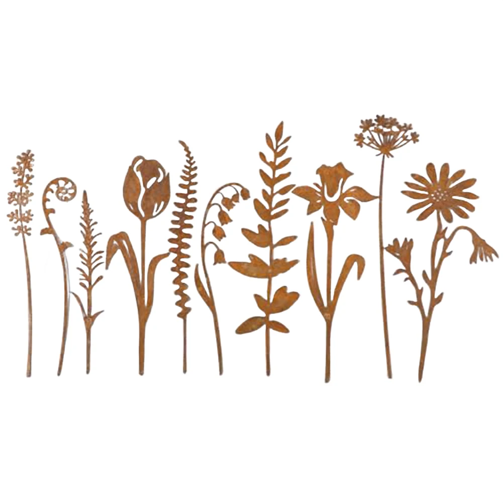 Outdoor Garden Metal Flowers Set of 10 Rustic Iron Construction 12 by 4 Inches with in Setup for Easy Installation