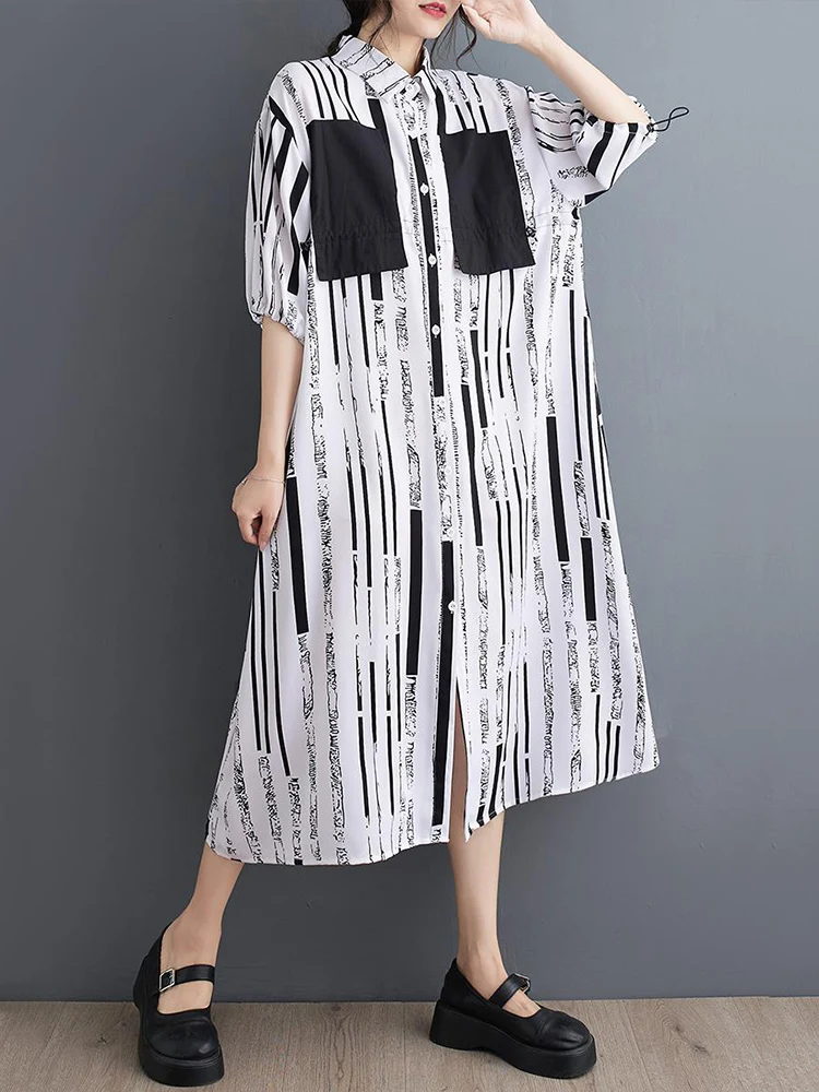 

2023 Summer New White Vintage Stripe Print Shirt Dresses For Women Short Sleeve Loose Casual Long Dress Fashion Elegant Clothing