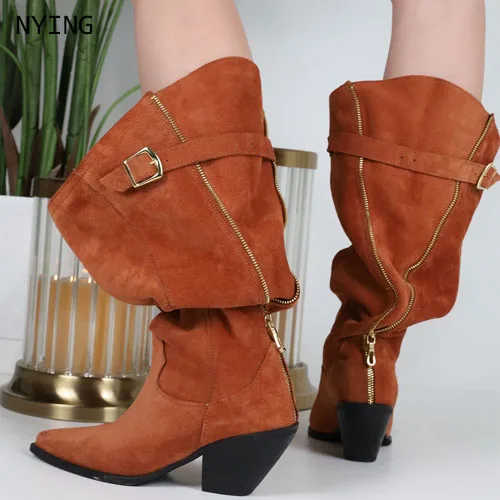 

2026 Mid-Calf Boots For Women Fashion Pointed Toe High Heels Club Sexy Dance Shoes Brown Suede Back Zipper Female Boots 44