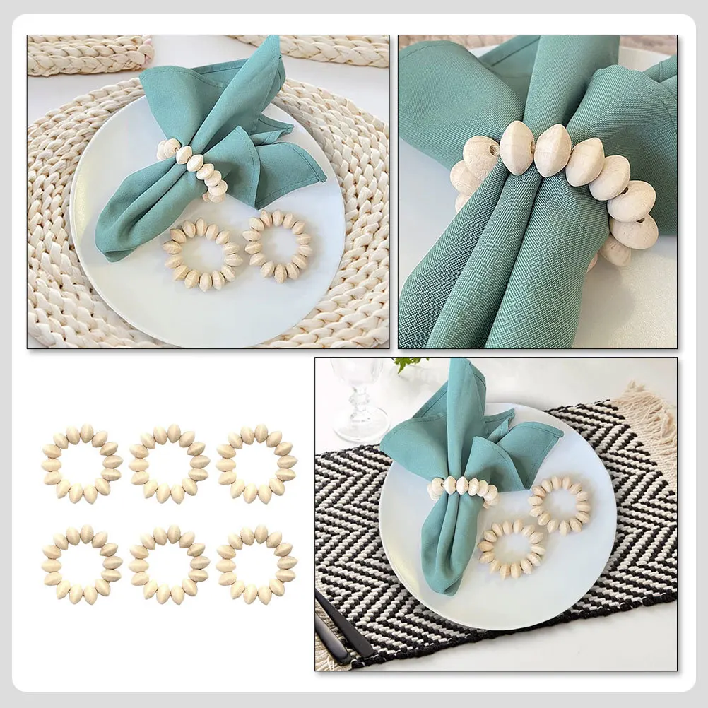 

6Pcs Wooden Bead Napkin Rings Light Yellow Rustic Decorative Napkin Buckles for Cloth Napkins Wedding Family Gathering Table