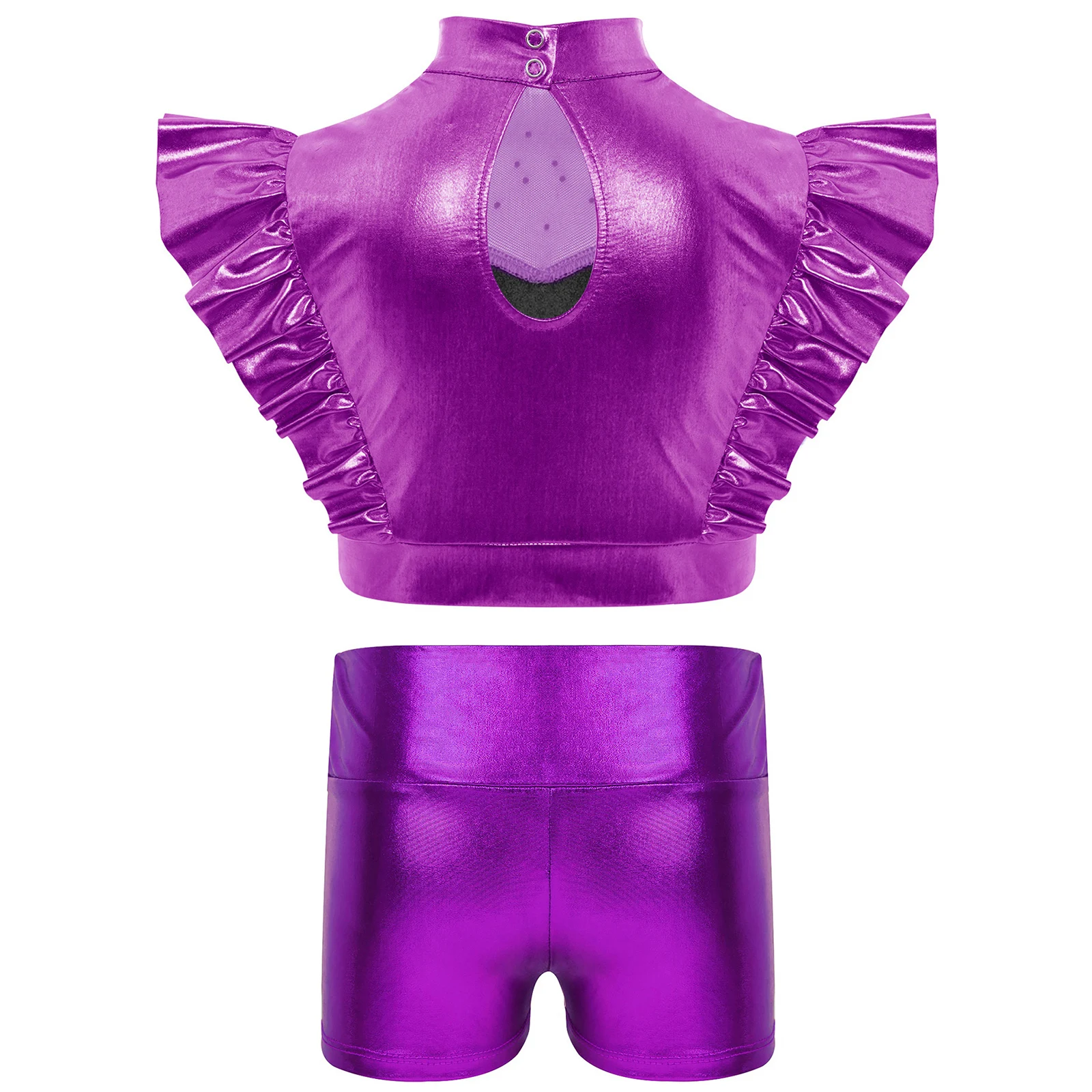 Costumi di danza jazz per ragazze per bambini Collo a lupetto con strass Maglia patchwork senza maniche Top corto metallico con pantaloncini Set Abbigliamento da ballo di strada