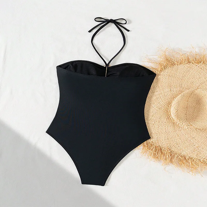 sexy black plain swimsuits one piece halter metal ring hollow out women's bikinis swimwear bathing suit beach outfits bodysuits