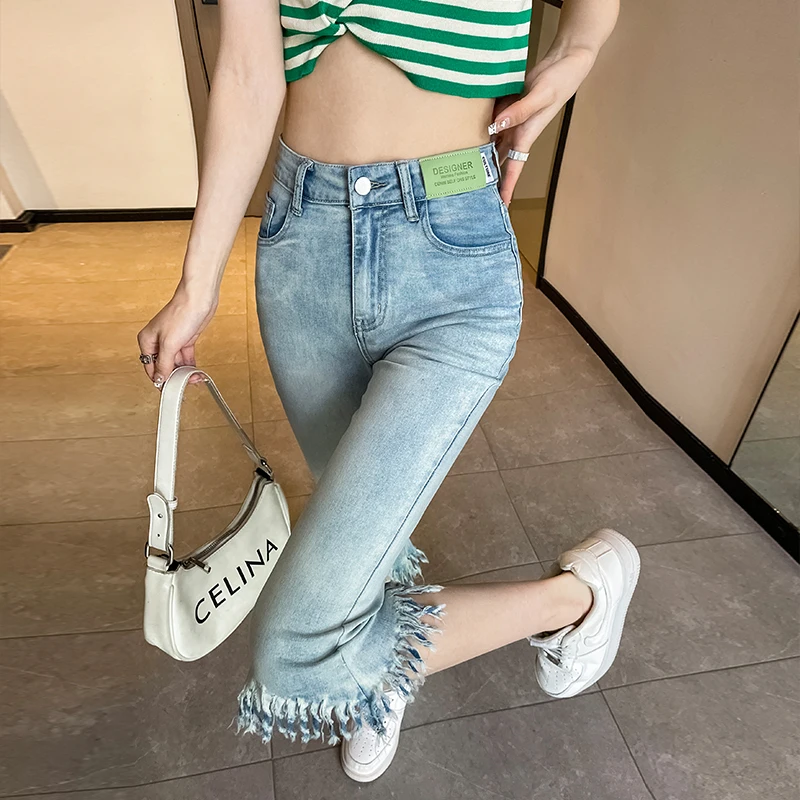 

Seven point flared jeans for women summer high waist fringed pants niche straight leg pants