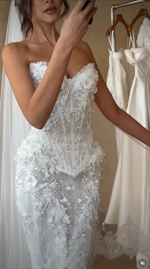 Strapless Sweetheart Mermaid Wedding Dress 3D Floral Crystal Beaded Lace Corset Fitted Bridal Gown Vestido De Novia Customized view 2