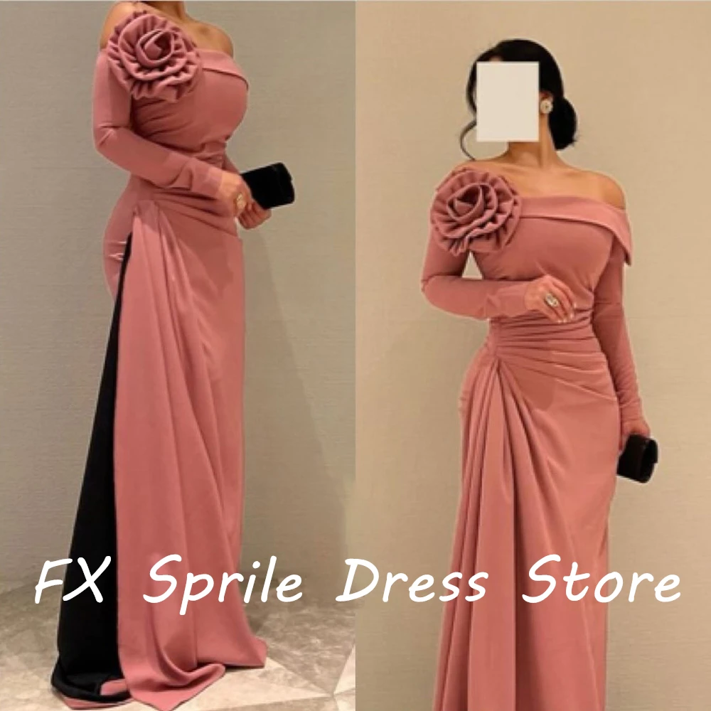 Strapless Off the Shoulder Long Sleeves Flowers Straight Jersey Floor Length Sweep Train Solid Color  Evening Dress Custom Size