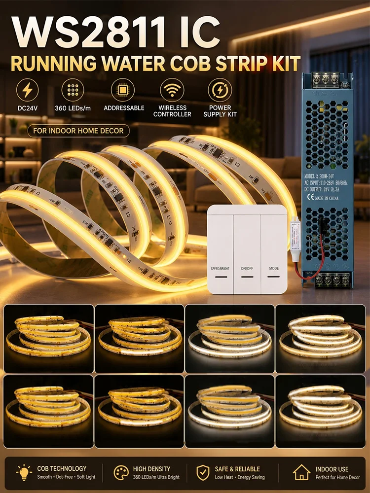 Taśma LED COB adresowalna DC24V WS2811 IC, 360 LED/m, efekt płynącej wody, 5-40m z bezprzewodowym kontrolerem i zestawem zasilającym. — 2