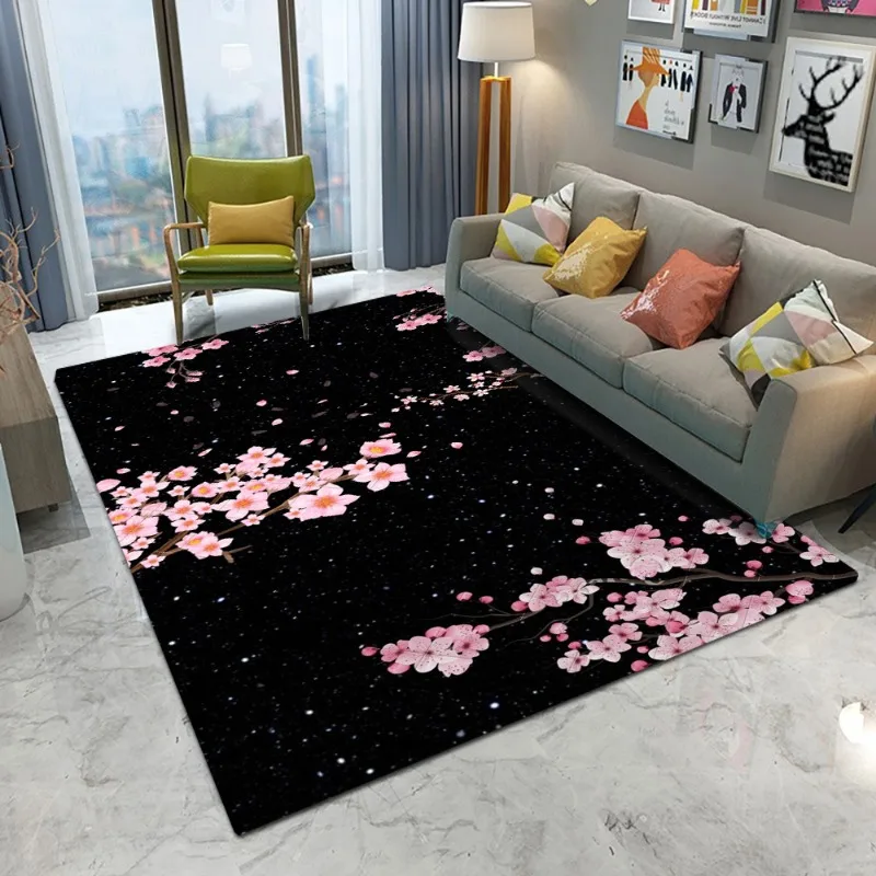 Romantic Starry Sky Cherry Blossom Area Rug Floral Sakura Soft Non-Slip Floor Carpet Elegant Boho Girls Room Decor for Bedroom