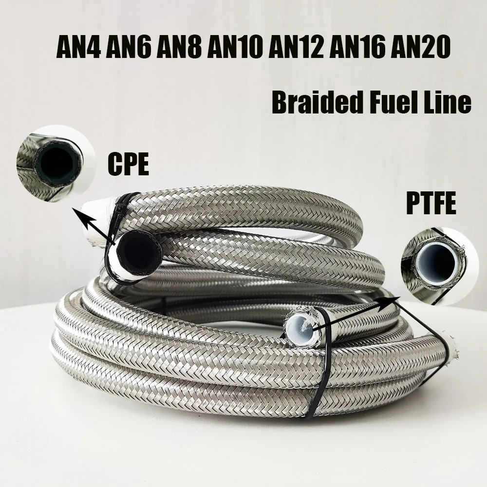 AN4~AN20 Fuel Hose Oil Gas Cooler Hose Line Pipe Tube 304 Stainless Steel Braided PTFE Brake Hose Inside CPE Rubber Racing Hose