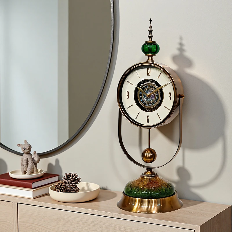 Armens Newly Designed Luxury Mechanical Shabby Chic Creative Metal Desk Clock with Needle-stitch Pendulum Backlight Calendar