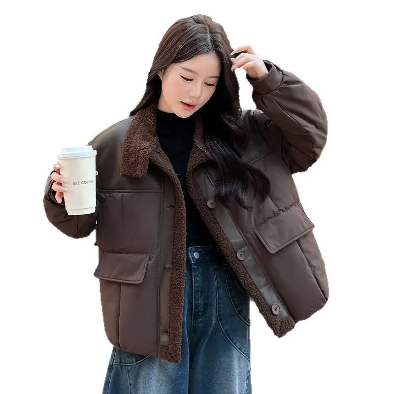 Women PU Leather Parkas Coat Spliced Shearing Jacket Oversize Solid Turn Down Collar Loose Thick Casual Office Lady Winter 2025