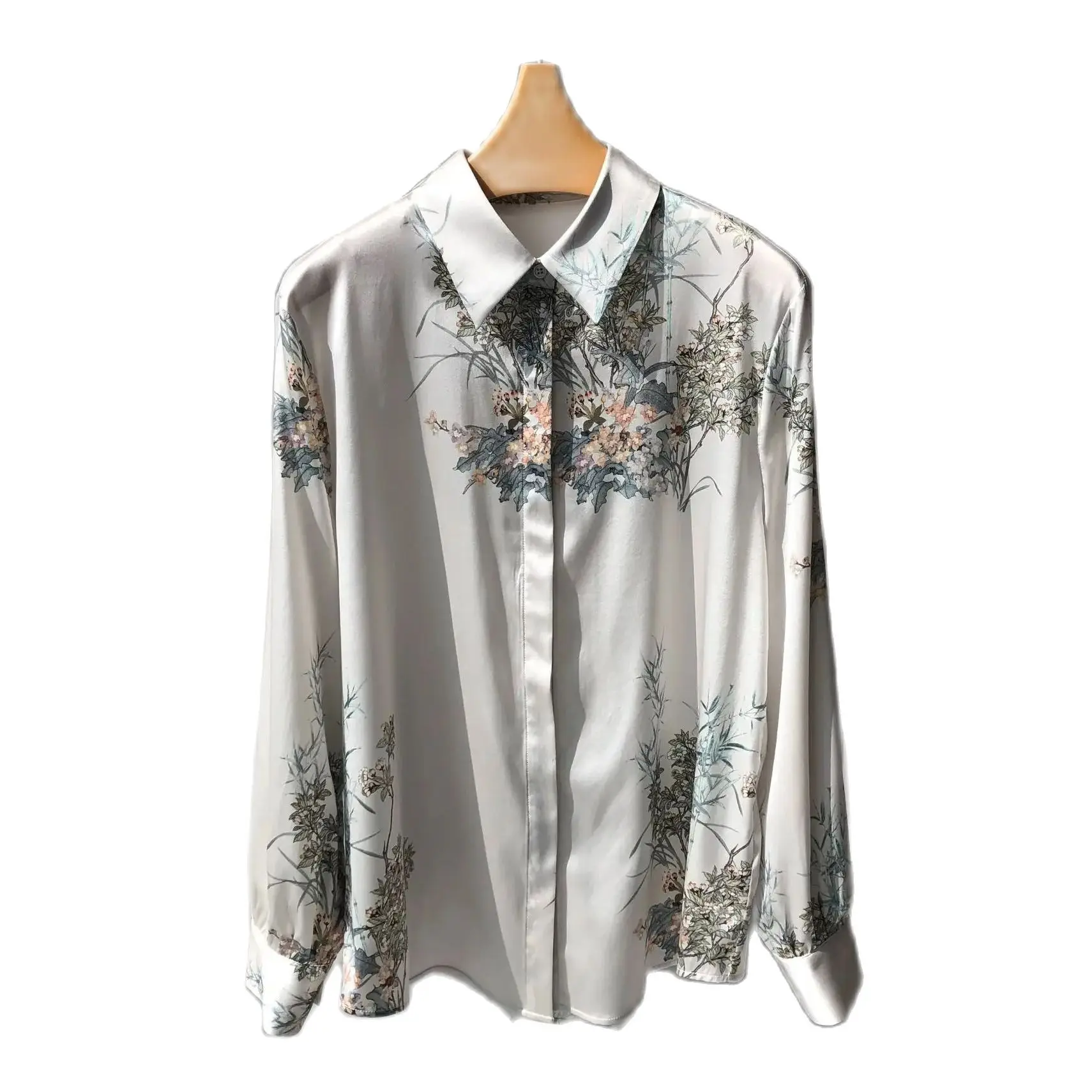 Birdtree 19.5MM 95%Mulberry Silk Elegant Printed Shirt Women Long Sleeve National Style Shirt For Women Autumn New T3D524QC