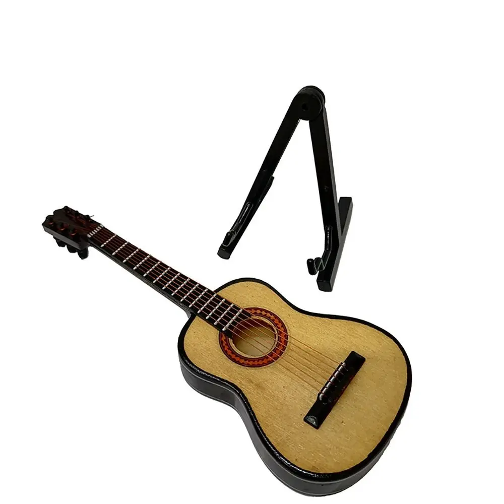 Wooden Miniature Electric Guitar with Stand and Case Mini Musical Instrument Miniature Dollhouse Model Birthday Present