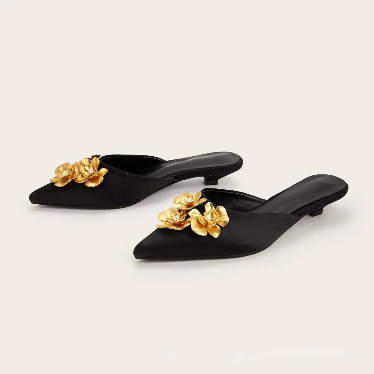 

Jinxixi Kitten Heels for Women Mules Pointed Toe Black Satin Gold Flowers Elegant Slingbacks Heeled Sandals Party Luxury Shoes